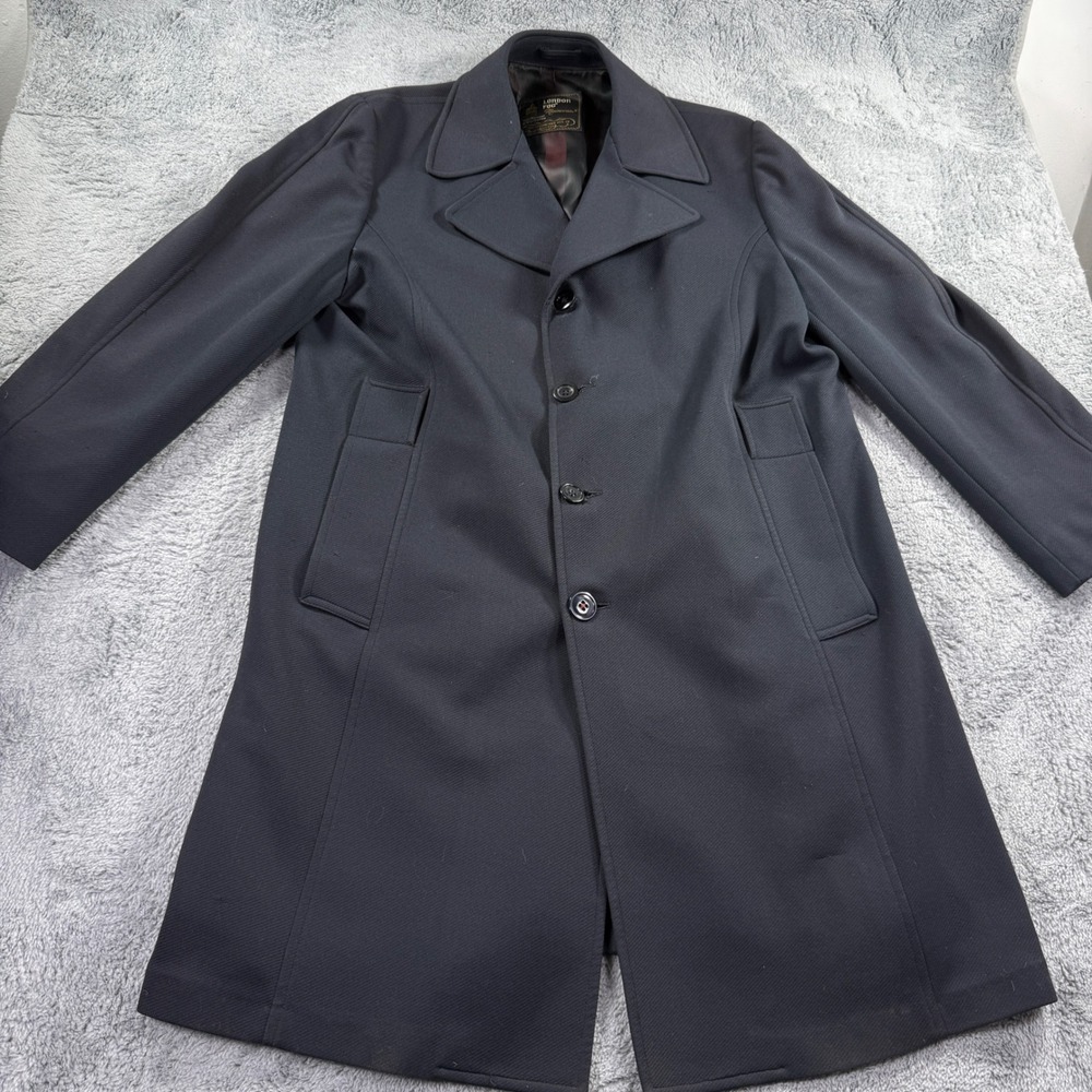 London Fog Maincoat Overcoat Men 42 Reg Navy Blue Good Vintage Double Knit Coat